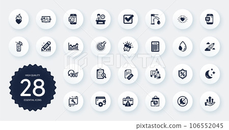 Set of Business icons, such as Presentation time, Loan percent and Sale bags flat icons. Wallet, Image carousel, Water glass web elements. Spanner, Leaf dew, Fake news signs. Moon. Vector Set of Business icons, such as Presentation time, Loan percent and Sale bags flat icons. Wallet, Image carousel, Water glass web elements. Spanner, Leaf dew, Fake news signs. Moon. Vector 106552045