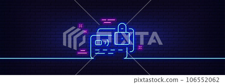 Neon light glow effect. Credit card line icon. Locked bank money payment sign. Non-cash pay symbol. 3d line neon glow icon. Brick wall banner. Card outline. Vector 106552062