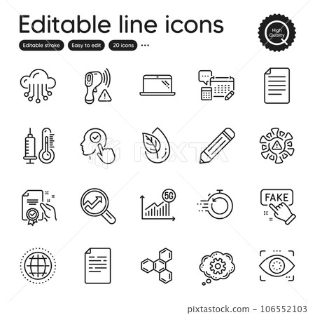 Set of Science outline icons. Contains icons as Electronic thermometer, Thermometer and File elements. Coronavirus, Cloud storage, Pencil web signs. Chemical formula, 5g statistics. Vector Set of Science outline icons. Contains icons as Electronic thermometer, Thermometer and File elements. Coronavirus, Cloud storage, Pencil web signs. Chemical formula, 5g statistics. Vector 106552103
