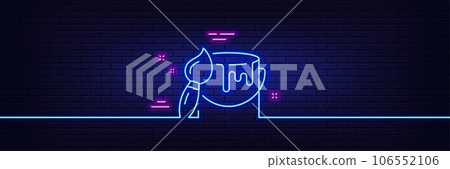 Neon light glow effect. Paint brush line icon. Wall paintbrush sign. Tin of acrylic paint symbol. 3d line neon glow icon. Brick wall banner. Brush outline. Vector 106552106