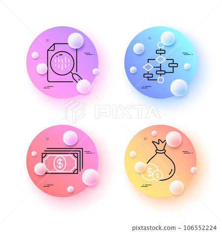 Block diagram, Analytics chart and Payment minimal line icons. 3d spheres or balls buttons. Cash icons. For web, application, printing. Algorithm path, Report analysis, Finance. Vector 106552224