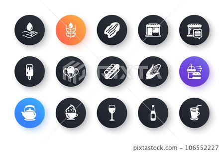 Minimal set of Beer, Market and Food market flat icons for web development. Gluten free, Coffee cup, Food delivery icons. Corn, Ice creams, Wine glass web elements. Pecan nut, Ice cream. Vector 106552227