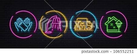 Stand lamp, Delivery truck and Smartphone holding minimal line icons. Neon laser 3d lights. Street light icons. For web, application, printing. Floor lamp, Warehouse pallet, Phone. Vector Stand lamp, Delivery truck and Smartphone holding minimal line icons. Neon laser 3d lights. Street light icons. For web, application, printing. Floor lamp, Warehouse pallet, Phone. Vector 106552251
