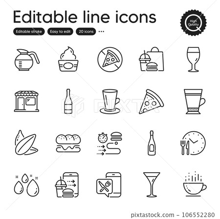 Set of Food and drink outline icons. Contains icons as Water drop, Beer glass and Champagne bottle elements. Sunflower seed, Food app, Burger web signs. Coffee cup, Pizza, Food order elements. Vector Set of Food and drink outline icons. Contains icons as Water drop, Beer glass and Champagne bottle elements. Sunflower seed, Food app, Burger web signs. Coffee cup, Pizza, Food order elements. Vector 106552280