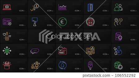 Set of Hat-trick, Dots message and Chemistry experiment line icons. Include Smile, Users, Globe icons. Love champagne, Fake document, Table lamp web elements. Logistics network, E-mail. Vector 106552292