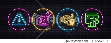 Business vision, Target goal and Warning minimal line icons. Neon laser 3d lights. Wallet icons. For web, application, printing. Marketing mission, Successful business, Important message. Vector Business vision, Target goal and Warning minimal line icons. Neon laser 3d lights. Wallet icons. For web, application, printing. Marketing mission, Successful business, Important message. Vector 106552304