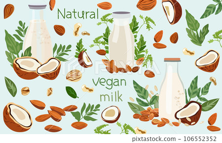 Plant based milk concept, Non dairy, plant based beverages in bottl glass, ideal for a wholesome diet. Organic lactose free milk with almond, cashew, pine nut, coconut. Organic nutrition Plant based milk concept, Non dairy, plant based beverages in bottl glass, ideal for a wholesome diet. Organic lactose free milk with almond, cashew, pine nut, coconut. Organic nutrition 106552352