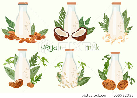 Plant based milk concept, Alternative, non-dairy drinks for health conscious consumers. Organic lactose free options like almond, cashew, pine nut, coconut milk. Milk in bottle glass. Vector. Plant based milk concept, Alternative, non-dairy drinks for health conscious consumers. Organic lactose free options like almond, cashew, pine nut, coconut milk. Milk in bottle glass. Vector. 106552353