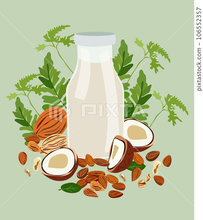 Vegan milk essentials, Non dairy, plant based beverages in bottel glass, ideal for a wholesome diet. Organic, lactose free nut milks from almonds, cashews, coconuts.Organic nutrition.Vector 106552357