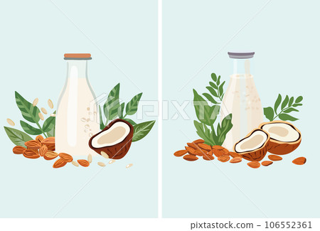 Vegan milk essentials, Non dairy, plant based beverages in bottle glass, ideal for a wholesome diet. Organic, lactose free nut milks from almonds, coconuts.Organic nutrition.Vector 106552361