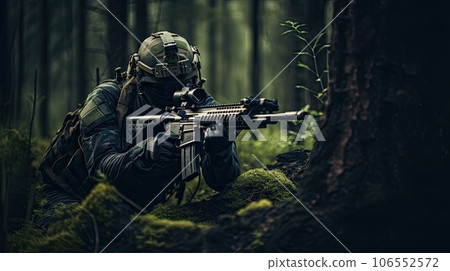 Sniper in ambush in the forest. 106552572