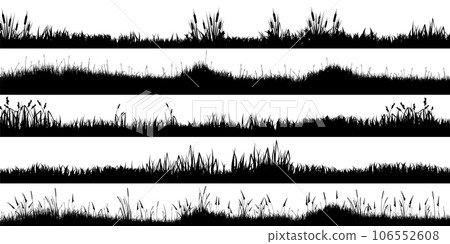 Meadow silhouettes with grass, plants on plain. Panoramic summer lawn landscape with herbs, various weeds. Herbal border, frame element. Black horizontal banners. Vector illustration Meadow silhouettes with grass, plants on plain. Panoramic summer lawn landscape with herbs, various weeds. Herbal border, frame element. Black horizontal banners. Vector illustration 106552608