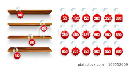 Store shelves with supermarket promotional wobblers. Wooden product shelf and advertising wobbler with percent discount. Grocery wall rack. Sale label, special offer price tag. Vector illustration Store shelves with supermarket promotional wobblers. Wooden product shelf and advertising wobbler with percent discount. Grocery wall rack. Sale label, special offer price tag. Vector illustration 106552609