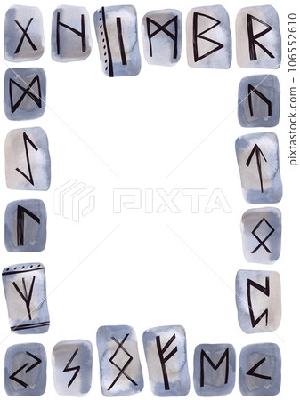Frame A3 from Scandinavian runes carved on stone. Divination set. Group of watercolor elements on a white background. Clipart. Raster illustration for the design of certificates and paper advertising. Frame A3 from Scandinavian runes carved on stone. Divination set. Group of watercolor elements on a white background. Clipart. Raster illustration for the design of certificates and paper advertising. 106552610