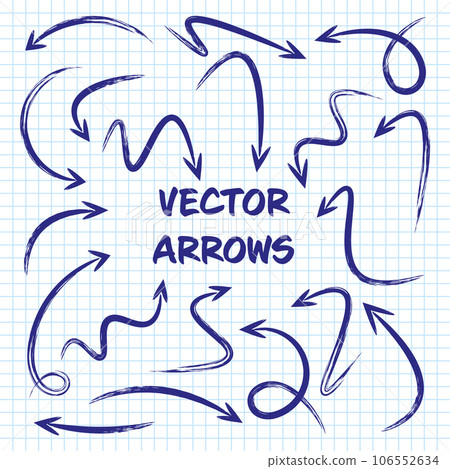 Grunge hand drawn arrows on checkered paper sheet. School notebook for drawing. Doodle arrow icon, simple monochrome pointer silhouettes. Outline, line art. Vector illustration Grunge hand drawn arrows on checkered paper sheet. School notebook for drawing. Doodle arrow icon, simple monochrome pointer silhouettes. Outline, line art. Vector illustration 106552634