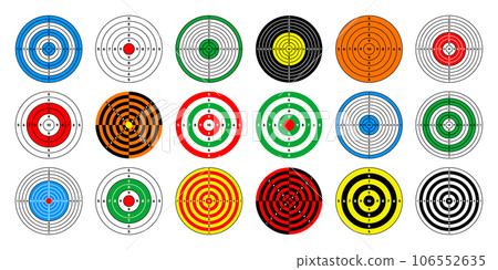 Shooting range paper targets. Round target with divisions, marks and numbers. Archery, gun shooting practise and training, sport competition and hunting. Bullseye and aim. Vector illustration Shooting range paper targets. Round target with divisions, marks and numbers. Archery, gun shooting practise and training, sport competition and hunting. Bullseye and aim. Vector illustration 106552635