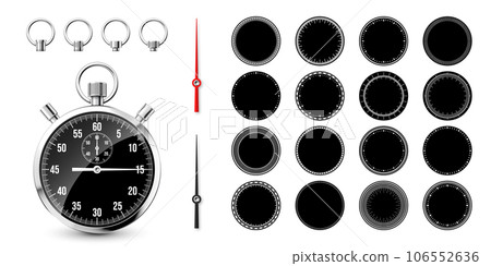 Classic stopwatch with clock faces. Shiny metal chronometer, time counter with dial. Countdown timer showing minutes and seconds. Time measurement for sport, start and finish. Vector illustration Classic stopwatch with clock faces. Shiny metal chronometer, time counter with dial. Countdown timer showing minutes and seconds. Time measurement for sport, start and finish. Vector illustration 106552636