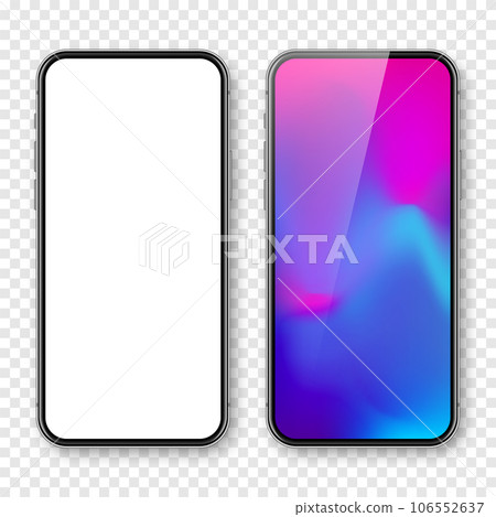 Smartphone with blank touch screen and abstract colorful background, wallpaper. Frameless mobile phone in front view. High quality detailed device mockup. Vector illustration Smartphone with blank touch screen and abstract colorful background, wallpaper. Frameless mobile phone in front view. High quality detailed device mockup. Vector illustration 106552637