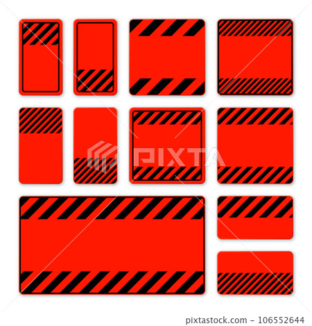 Various blank red warning signs with diagonal lines. Attention, danger or caution sign, construction site signage. Realistic notice signboard, warning banner, road shield. Vector illustration 106552644