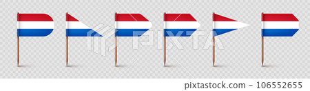Realistic various Dutch toothpick flags. Souvenir from Netherlands. Wooden toothpicks with paper flag. Location mark, map pointer. Blank mockup for advertising and promotions. Vector illustration 106552655