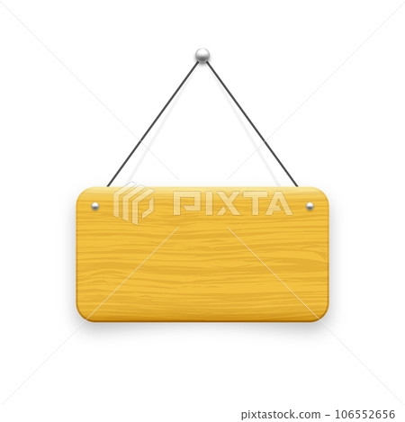 Wooden hanging signboard. Made of wood door sign for cafe, restaurant, bar or retail store. Announcement banner, information signage for business or service. Vector illustration Wooden hanging signboard. Made of wood door sign for cafe, restaurant, bar or retail store. Announcement banner, information signage for business or service. Vector illustration 106552656