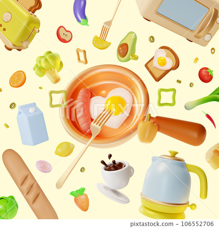 3d Kitchen Cooking and Culinary Concept Background Cartoon Style with Electric Appliances, Frying Pan and Flying Ingredients. Vector illustration 3d Kitchen Cooking and Culinary Concept Background Cartoon Style with Electric Appliances, Frying Pan and Flying Ingredients. Vector illustration 106552706