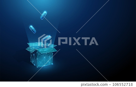 Abstract open gift box and flying medical capsules. Online pharmacy concept. Low poly style design. Abstract open gift box and flying medical capsules. Online pharmacy concept. Low poly style design. 106552718