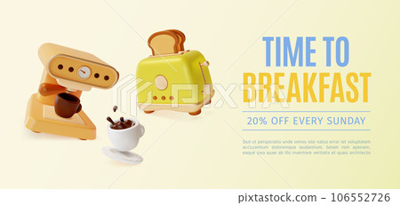 3d Time to Breakfast Every Sunday Concept Placard Poster Banner Card Template Cartoon Style. Vector illustration of Coffee Machine with Cup and Toaster with Slices of Toasted Bread 3d Time to Breakfast Every Sunday Concept Placard Poster Banner Card Template Cartoon Style. Vector illustration of Coffee Machine with Cup and Toaster with Slices of Toasted Bread 106552726