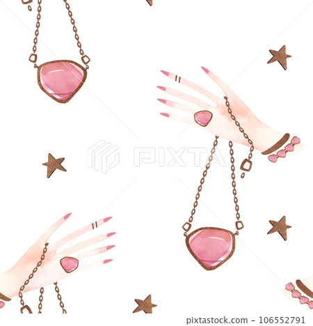 Magic seamless pattern. Woman's hand with a crystal on a chain and gold stars. Ritual for predicting the future. Lithomancy. Watercolor illustration for fabric, wallpaper and wrapping paper. Magic seamless pattern. Woman's hand with a crystal on a chain and gold stars. Ritual for predicting the future. Lithomancy. Watercolor illustration for fabric, wallpaper and wrapping paper. 106552791