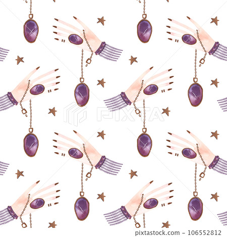 Magic seamless pattern. Woman's hand with a crystal on a chain and gold stars. Ritual for predicting the future. White background. Watercolor illustration for fabric, wallpaper and wrapping paper. Magic seamless pattern. Woman's hand with a crystal on a chain and gold stars. Ritual for predicting the future. White background. Watercolor illustration for fabric, wallpaper and wrapping paper. 106552812