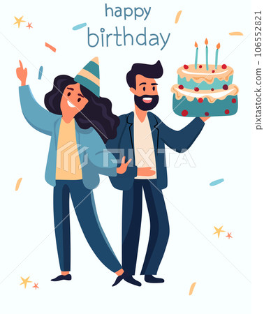 Office colleagues are celebrating a birthday. Dancing and confetti add flair, as office coworkers come together to revel in shared celebration. Concept of happiness, celebration. Vector 106552821