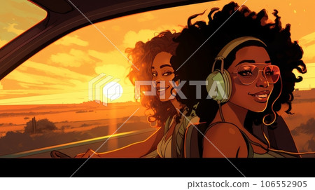 Two young, curly, dark-skinned girls in headphones listen to music and have fun driving a car. 106552905