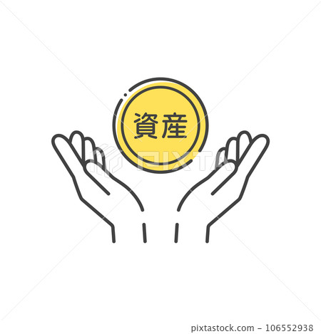 A simple icon of a coin with the word asset and a human hand - an image of protecting and accumulating assets 106552938