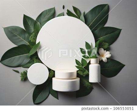 Image of a white round template podium mockup against a backdrop of fresh green leaves, ideal for organic cosmetic product advertisement. Created with generative AI tools 106553051