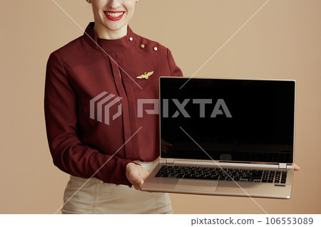 Modern air hostess woman on beige showing laptop blank screen 106553089