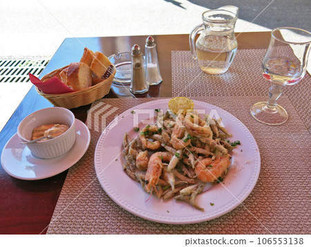 Lunch of shrimp and small fish fritters, Villefranche-sur-Mer, Cote d'Azur, France Lunch of shrimp and small fish fritters, Villefranche-sur-Mer, Cote d'Azur, France 106553138
