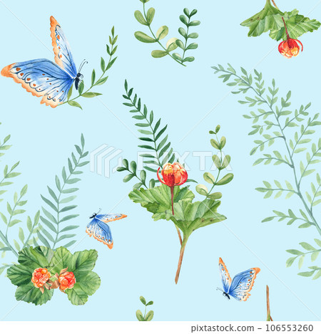 Seamless watercolor pattern with cloudberry leaves and berries, fern, green branches, blue butterfly. Botanical summer hand drawn illustration on blue background. Can be used for gift wrapping paper Seamless watercolor pattern with cloudberry leaves and berries, fern, green branches, blue butterfly. Botanical summer hand drawn illustration on blue background. Can be used for gift wrapping paper 106553260