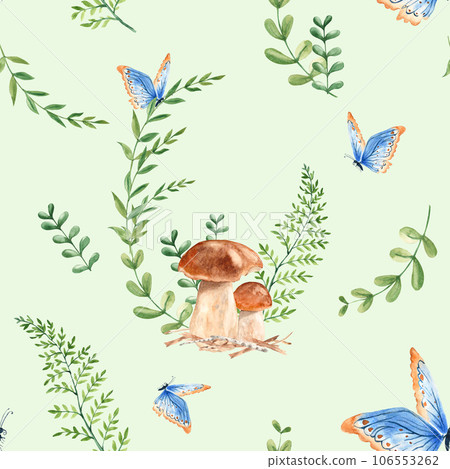 Seamless watercolor pattern with porcini mushrooms, fern, green branches and blue butterfly. Botanical summer hand drawn illustration on green background. Can be used for gift wrapping paper, kitchen 106553262