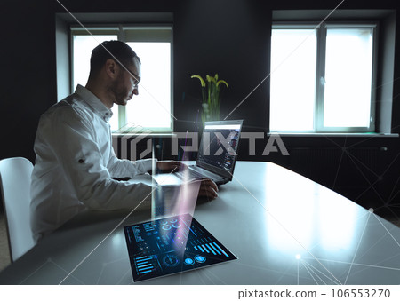 Businessman trading online stock market concept or forex investment exchange. Bitcoins, futures. Crypto currency chart with values moving up and down, trading statistics and analytics on laptop screen 106553270