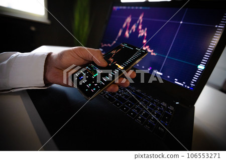 Checking price chart on digital exchange. Forex trading agency worker agent reviewing profits growth. Another crisis is coming and prices on the charts are falling down. finance business stock 106553271