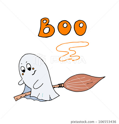Doodle cartoon funny cute ghost on broom Doodle cartoon funny cute ghost on broom 106553436