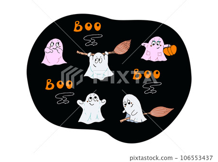 Doodle cartoon set of funny cute ghosts Doodle cartoon set of funny cute ghosts 106553437