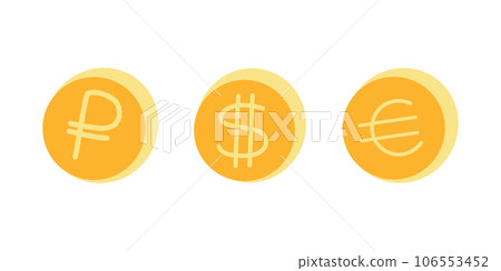 Golden cartoon coins with ruble, dollar and euro 106553452