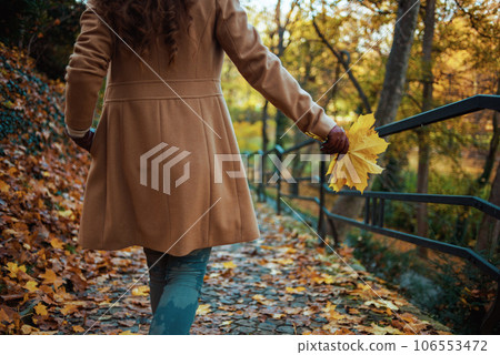 trendy woman in brown coat and yellow hat enjoying promenade trendy woman in brown coat and yellow hat enjoying promenade 106553472