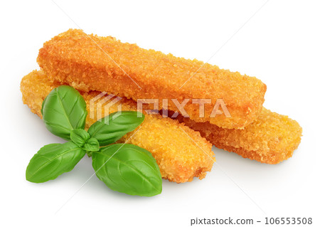 Fish finger or stick with basil isolated on white background with full depth of field 106553508