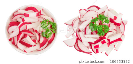 Radish slices in ceramic bowl isolated on white background. Top view. Flat lay 106553552