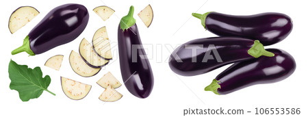 Eggplant or aubergine isolated on white background with full depth of field. Top view. Flat lay. 106553586