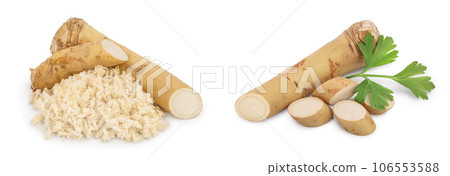 Horseradish root with slices grated pile isolated on white background Horseradish root with slices grated pile isolated on white background 106553588