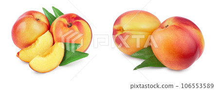 Nectarine fruit and half with leaf isolated on white background cutout 106553589