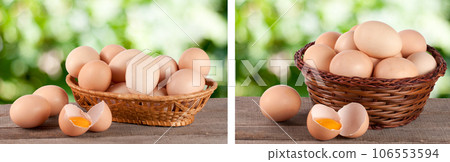 eggs in a wicker basket on a wooden board with blurred garden background eggs in a wicker basket on a wooden board with blurred garden background 106553594